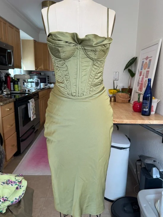 House of CB Olive Green Satin Corset Midi Dress - Picture 3 of 8